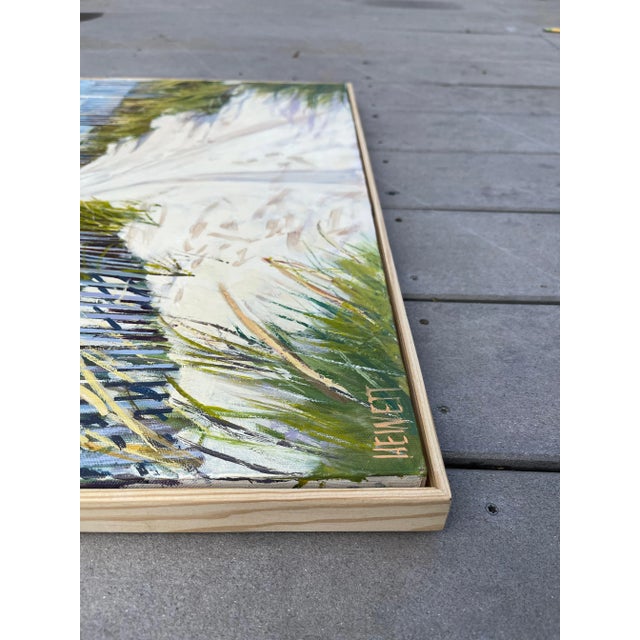 Acrylic on canvas painting framed in natural wood. Sandy path to the beach flanked by weathered beach fencing and beach...