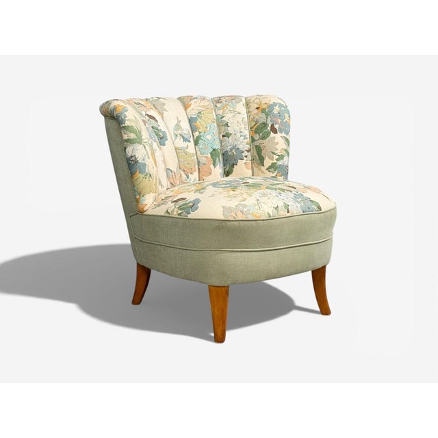 Mid-Century Modern Swedish Modern, Lounge Chair, Floral Fabric, Beech, Sweden, 1950s For Sale - Image 3 of 10