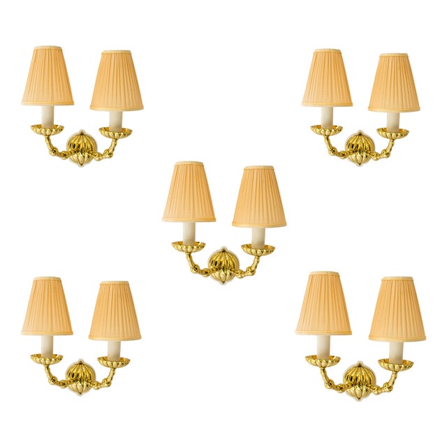 Art Deco Wall Lamps with Fabric Shades, Vienna, 1920s, Set of 5 For Sale
