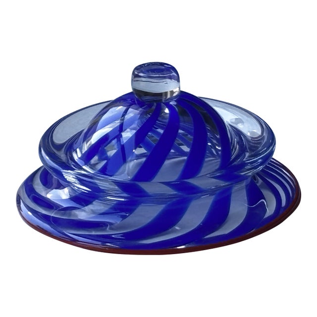 Vintage Johnathon Schmuck Signed Cobalt Blue Swirl Art Glass 94 Lid For Sale