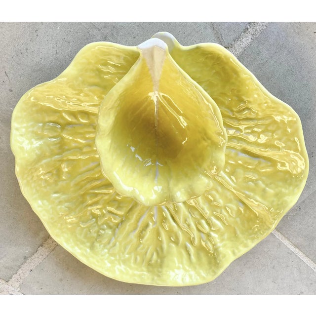 Mid/Late MidCentury MajolicaInspired Lettuce Ware Crudité Platter & Attached Bowl Attributed