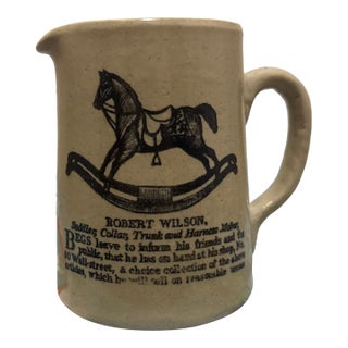 Vintage English Moira Pottery "Robert Wilson" Rocking Horse Advertising Stoneware Small Pitcher For Sale