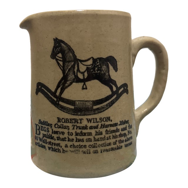 Vintage English Moira Pottery "Robert Wilson" Rocking Horse Advertising Stoneware Small Pitcher For Sale