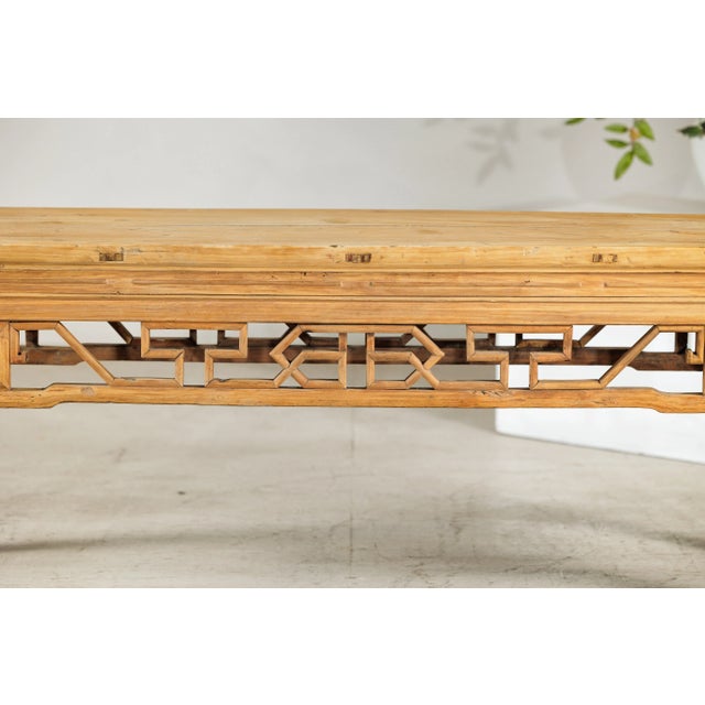 Camel Vintage Chinese Rustic Low Table with Geometric Carved Fretwork Apron For Sale - Image 8 of 12