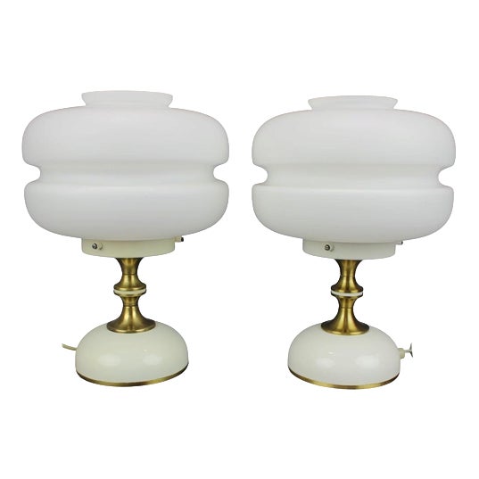 Table Lamps in Opaline Glass and Brass from Napako, Czechoslovakia, 1970s, Set of 2 For Sale