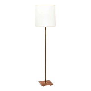 Nessen Studios Brass & Walnut Floor Lamp With Milk Glass Liner Shade, 1950's For Sale