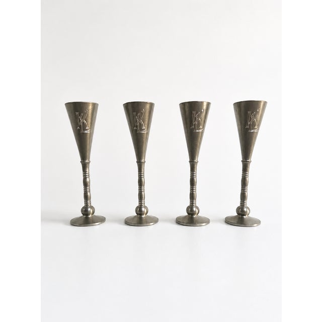 Silver Art Deco Pewter Liquor Goblets by Just Andersen with Monogram KL, 1930s, Set of 4 For Sale - Image 8 of 8