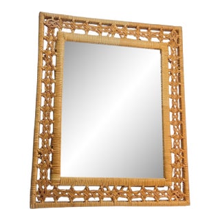 Vintage MCM Rattan Wicker Coastal Boho Wall Mirror 21x17 For Sale