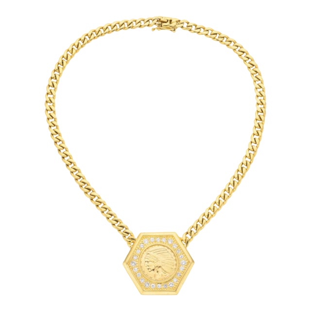 1909 Us Indian Head $5 Gold Coin Pendant Necklace, 14k Gold With Diamonds For Sale