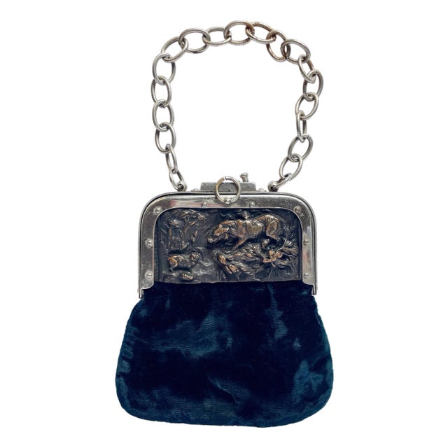 1900s Copper Embossed and Navy Velvet Hunt Scene Coin Purse - For Sale