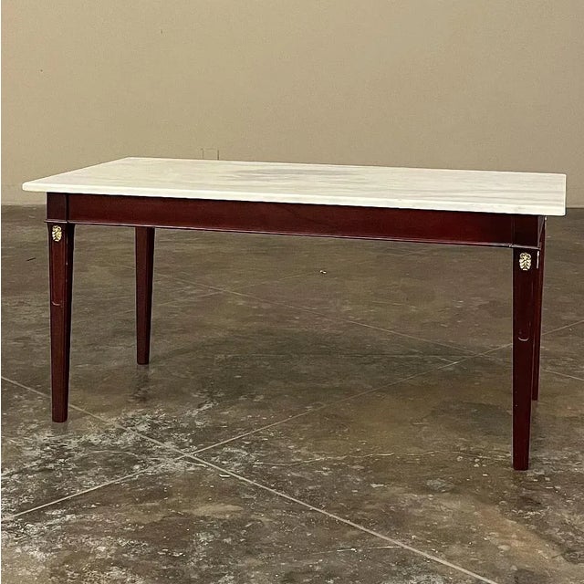French Mid-Century French Mahogany Directoire Style Coffee Table With Carrara Marble Top For Sale - Image 3 of 13