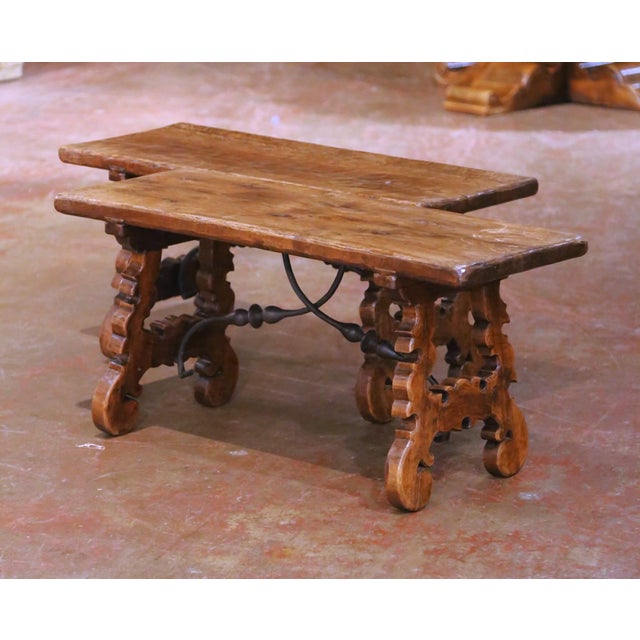 Mid 20th Century Pair of Mid-Century Spanish Walnut Trestle Tables-Benches With Iron Stretchers For Sale - Image 5 of 7