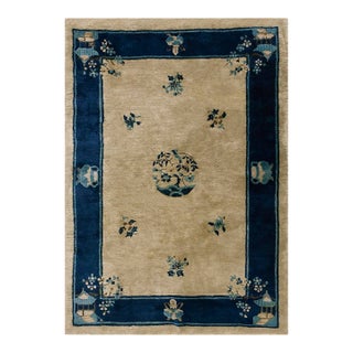 1920s Beige Foliate Medallion Antique Chinese Peking Carpet 4' X 5'9" Knotted Wool Rug For Sale