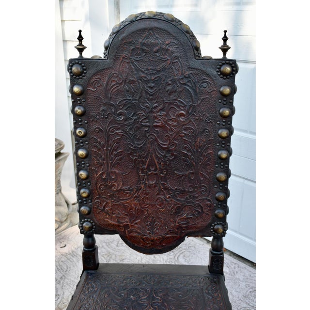 Jacobean Antique Tudor Carved Walnut & Tooled Leather High Back W/Brass Studs & Finials For Sale - Image 3 of 12