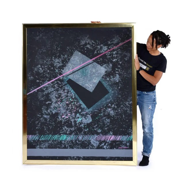 Dana 1980s Large Black Pink and Blue Geometric Memphis Style Painting For Sale - Image 4 of 14