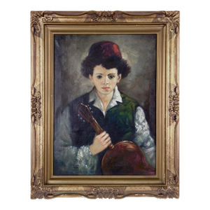 Portrait of Boy and Guitar Original Oil by Angeli - Italy Circa 1960