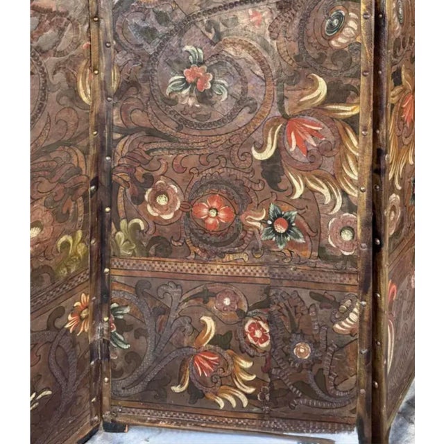 Spanish Painted and Parcel-Gilt Leather Four Panel Screen For Sale - Image 4 of 11