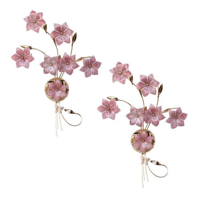 Set of 2 Large Size Murano Wall Light Pink Flowers, 1970s For Sale
