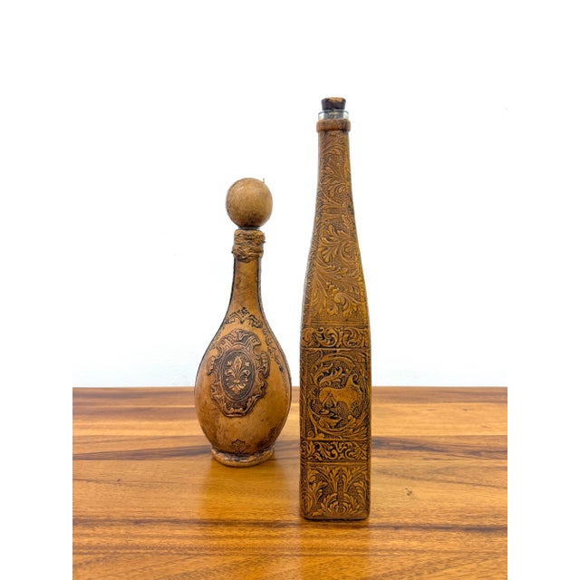 Vintage Spanish Embossed Leather Wrapped Bottles Depicting the Mallorca Cathedral For Sale - Image 4 of 7