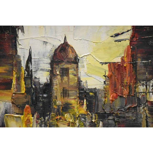 An abstract mid century oil on canvas painting. Signed. 13.5” wide. 16.5” tall.