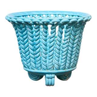 Turquoise Woven Porcelain Cachepot on Scroll Feet, Spain Midcentury For Sale