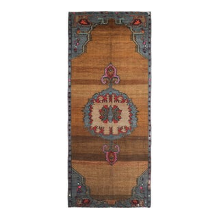 1970s Vintage Turkish Oushak Handmade Wool Cotton Brown Runner Rug For Sale