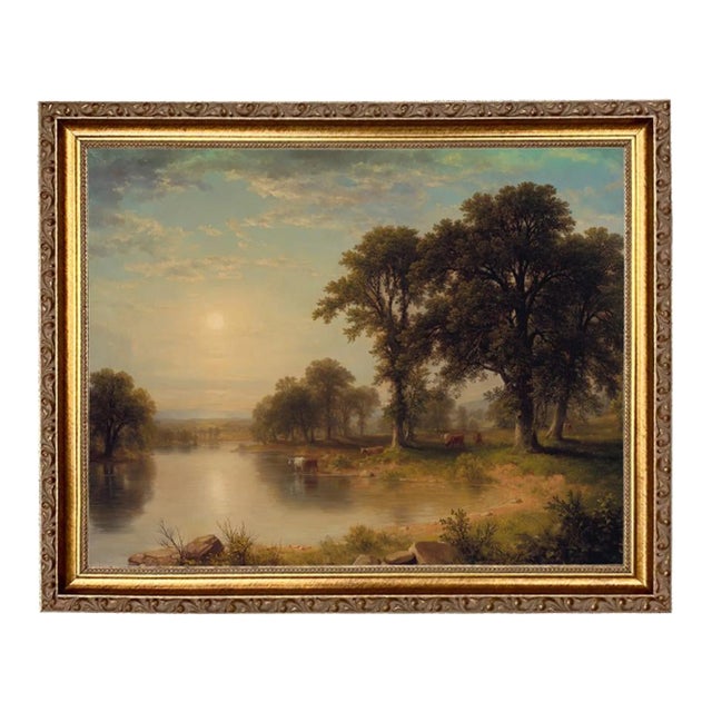"Summer Afternoon" Contemporary Reproduction Print on Canvas After Asher Durand, Framed to 13x16 For Sale