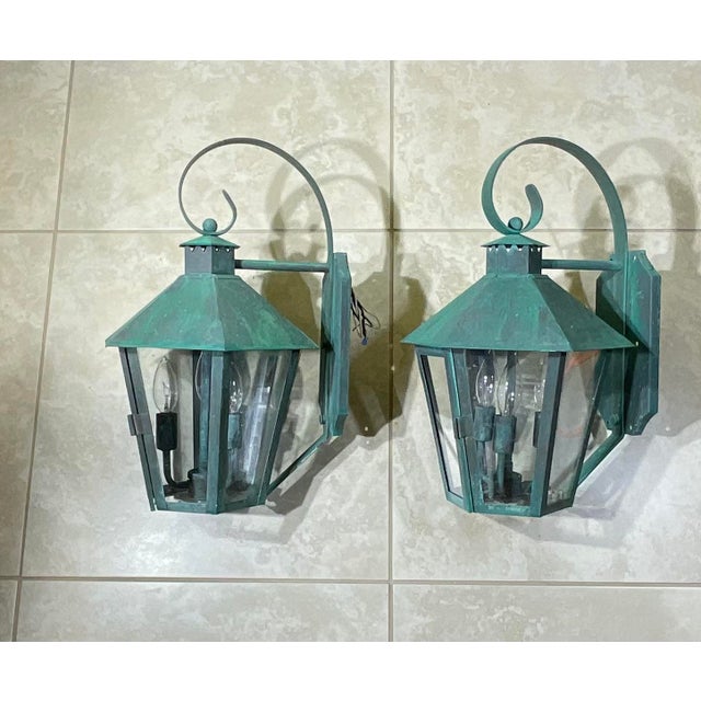 American Vintage Solid Copper & Brass Outdoor Lantern Sconces / 18”h X 11”w X 12”d For Sale - Image 3 of 18