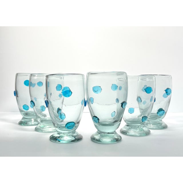 6 Aqua Blue Confetti Raised Pebble Mexican Blown Wine or Water Glasses 8.5” 14oz Good condition. No chips, cracks, or...