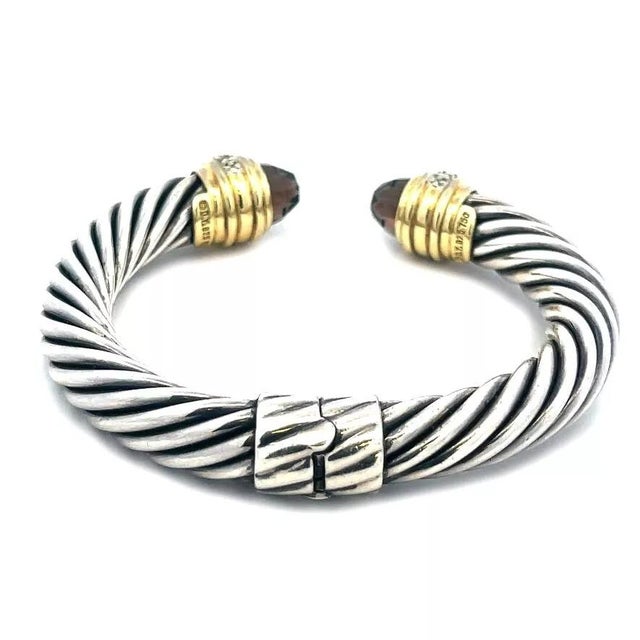 David Yurman Diamond Gold Cuff Bracelet 18k Sterling Silver Smoky Topaz 10mm For Sale - Image 4 of 7