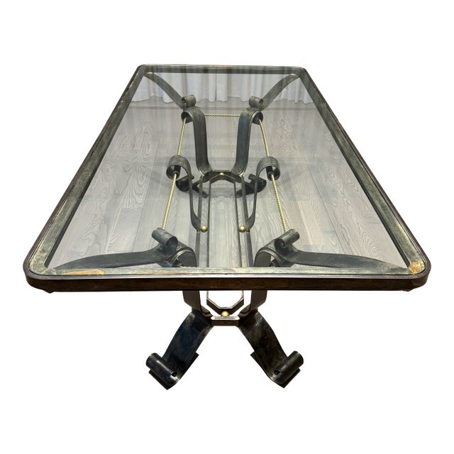 Vintage Mid-Century Industrial Dining Table With Sculptural Wrought Iron & Glass For Sale