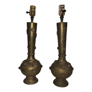 Pair of Mid 20th Century Tibetan Middle-Eastern Style Lamps With Cabochon Details