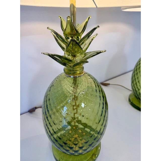 2000 - 2009 Italian Art Deco Pineapple Murano Glass Lamps with Lampshades, 2000s, Set of 2 For Sale - Image 5 of 17