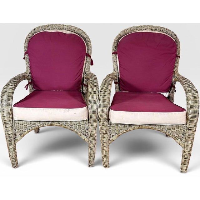 Pair of Vintage Boho Chic Wicker Barrel Back Lounge Armchairs This exceptional pair of vintage Boho Chic wicker barrel-...