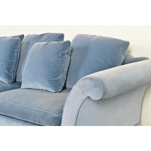 Baker Furniture Blue Velvet Upholstered Roll Arm Sofa For Sale In South Bend - Image 6 of 13