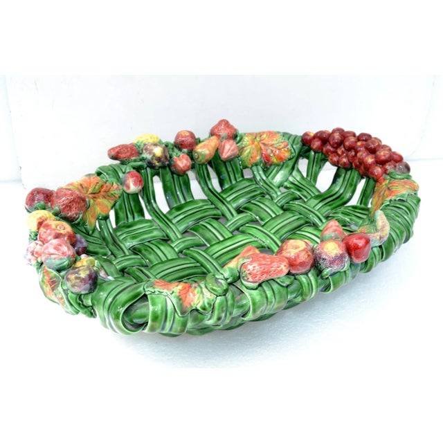 Vallauris France Glazed Woven Ceramic Basket Pink & Green Strawberry Pottery 70 For Sale - Image 12 of 13