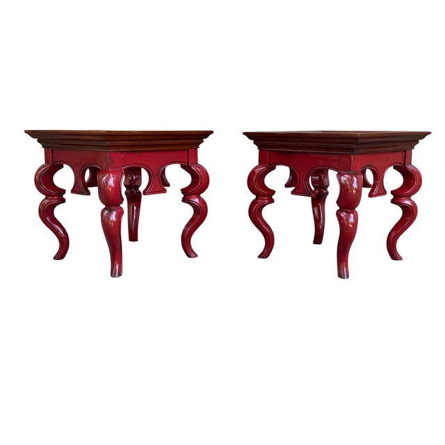 Wood Early 21st Century Hickory Chair Chinoiserie Style Red Lacquered Side Tables – A Pair For Sale - Image 7 of 17