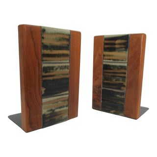 Vintage C1960's Jane & Gordon Martz (Designer) for Marshall Studios (Maker) - Walnut & Ceramic Tile Bookends - a Pair For Sale