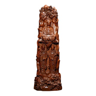 Vintage Chinese Boxwood Carving of the Buddhist Triad (Western Paradise) For Sale