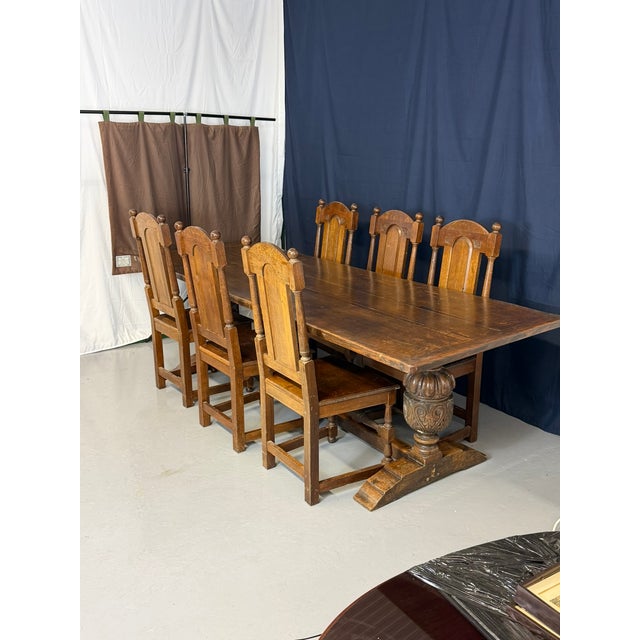 Antique Elizabethan Jacobean Style Oak Refectory Dining Table and Chairs, 1900, Set of 7 For Sale - Image 9 of 18