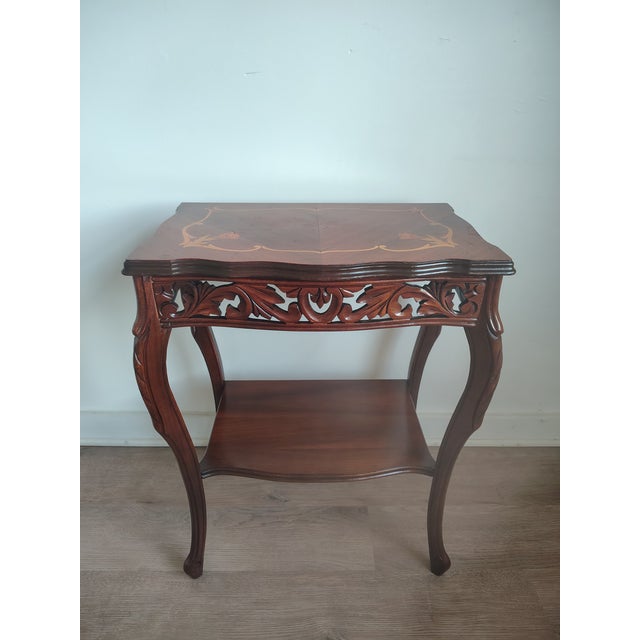 Antique French Louis XV Style Inlaid Marquetry and Carved Walnut Accent Table For Sale - Image 9 of 11