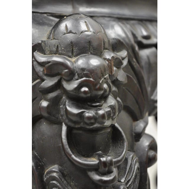 Black Antique Oriental Chinese Carved Hardwood Marble Top Foo Dog Side Table For Sale - Image 8 of 11