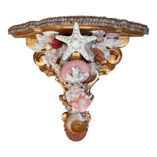 Italian Grotto Baroque Style Carved Giltwood Wall Bracket With Vintage Mediterranean Seashells For Sale