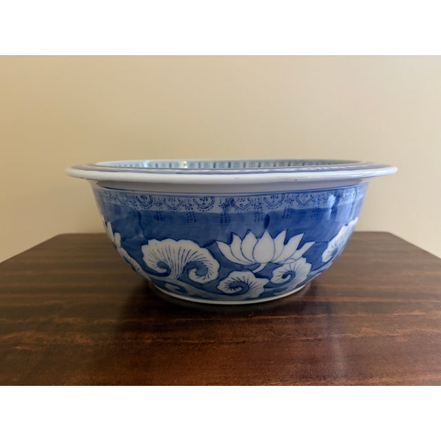 Chinoiserie Blue and White Porcelain Large Decorative Bowl With Koi Fish Motif For Sale In South Bend - Image 6 of 7