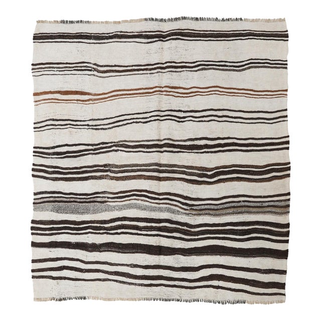 Black White Vintage Hemp Kilim Rug - 6`6″ X 6`1″ For Sale