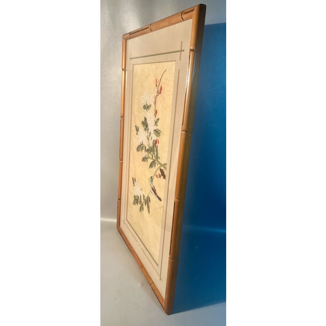 19th Century Chinese Silk Painting Bird & Florals Faux Bamboo Frame For Sale In Providence - Image 6 of 6