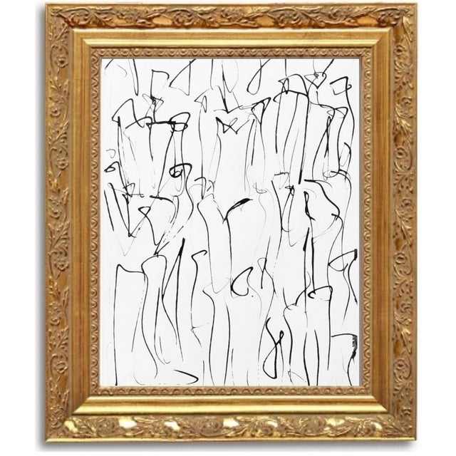 Abstract original India ink figure study in custom gilded carved frame with overall dimensions of 18 inches by 23 inches...