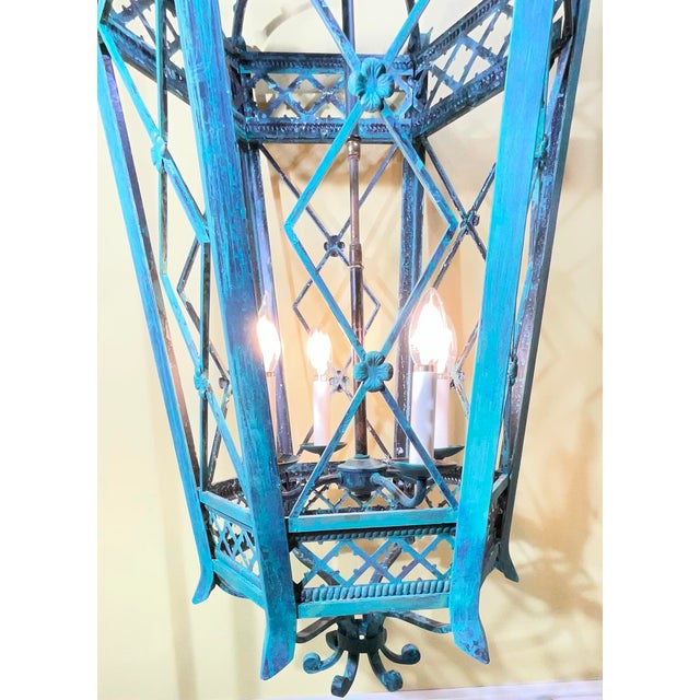 2000 - 2009 Exquisite Large Hand-Forged Iron Lantern – Verdigris Patina - 47” High X 24”Wide For Sale - Image 5 of 18