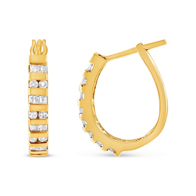 Contemporary 10K Yellow Gold 1.0 Cttw Round and Baguette-Cut Diamond Hoop Earrings (I-J Color, I2-I3 Clarity) For Sale - Image 3 of 6