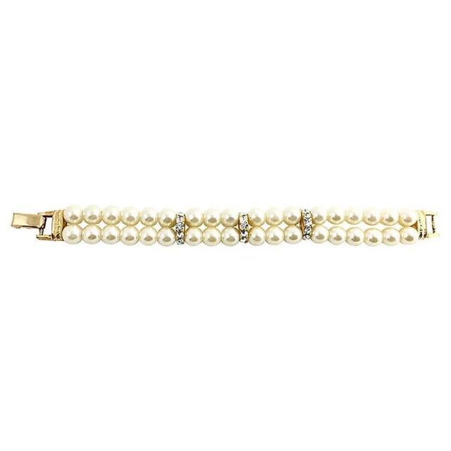 Metal Faux Pearl Rhinestone Double Stand Bracelet For Sale - Image 7 of 11